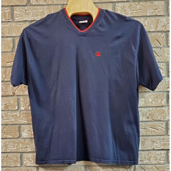 Champion Authentic Athletic Apparel‎ Vintage V Neck T Shirt Men Size XL Blue Red - Picture 1 of 8